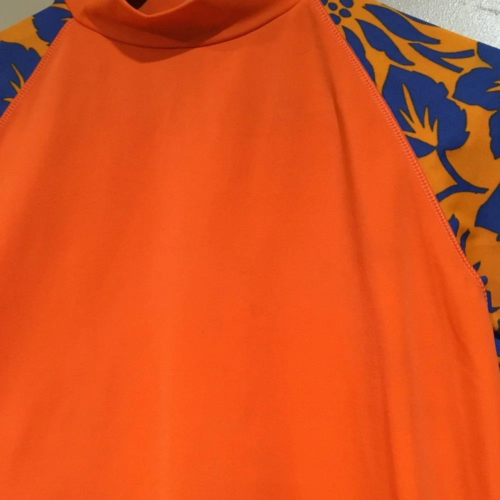 Lands End Short Sleeve Rashguard Boys M Orange Tropical Hawaii Beach‎ Swim Shirt
